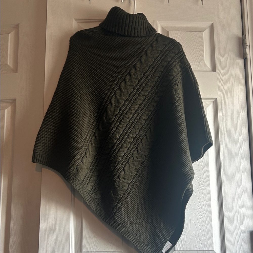 Women's Olive Green Turtleneck Poncho Sweater - Picture 6 of 11